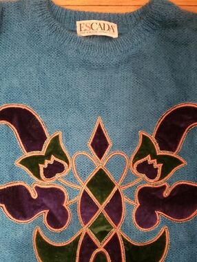 Escada Teal Blue Crewneck Sweater with Purple and Green Velvet Appliqué